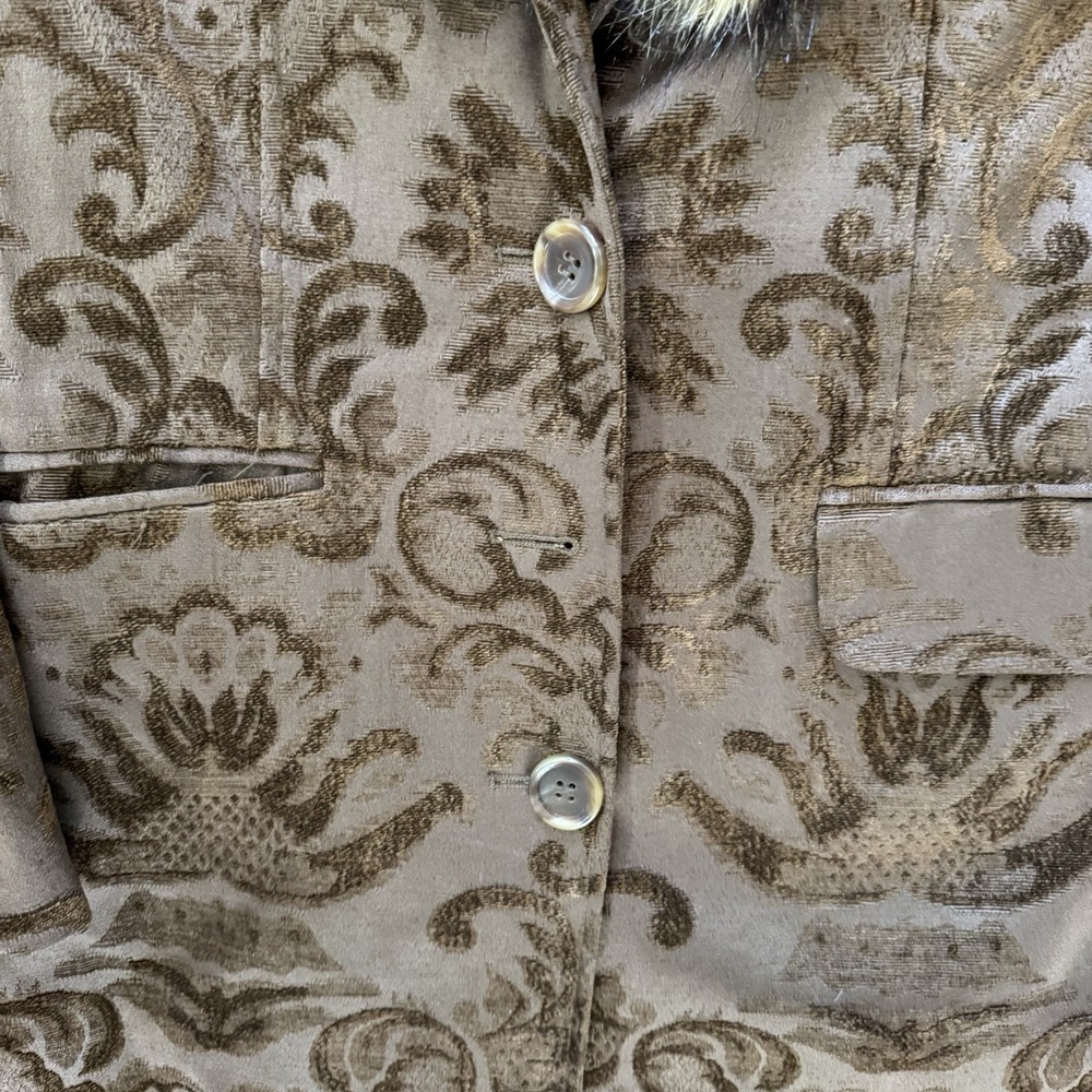 VTG Y2K George Tapestry Coat Faux Fur Collar Women's Sz S City Boujee Boss READ - Picture 7 of 8